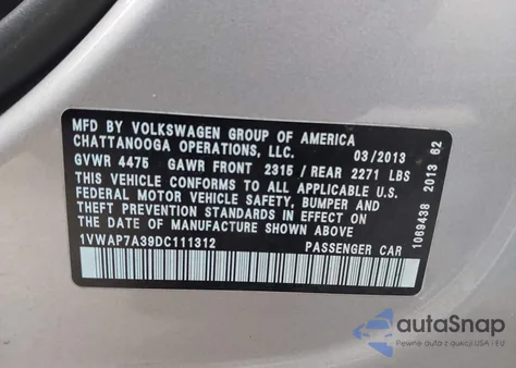 2013 Volkswagen Passat 2.5L S from USA, damaged, VIN 1VWAP7A39DC111312